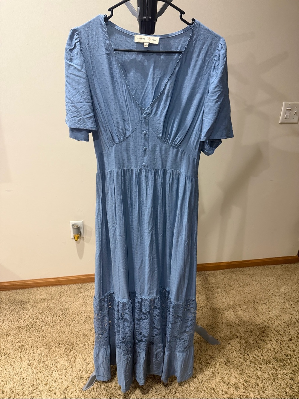 Penelope Rose Blue V-Neck Lace Trim Maxi Dress, Size Large NWOT
